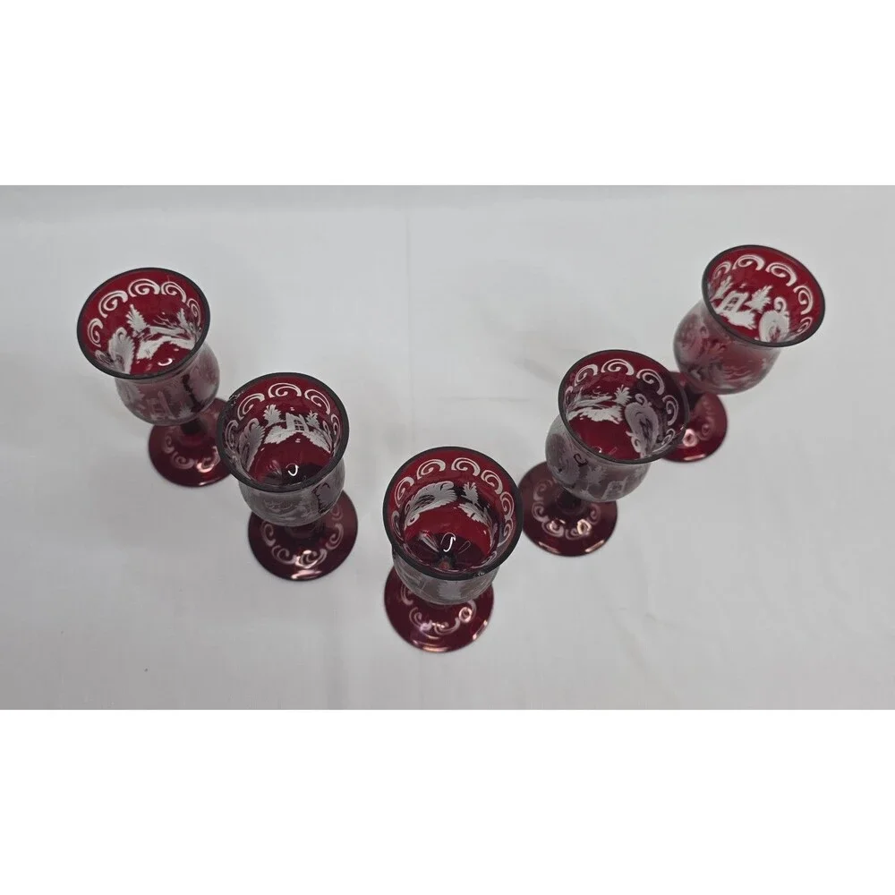 Vintage Egermann Bohemian Ruby Red Etched Cordial Glasses | Set of 5 | Cut Clear